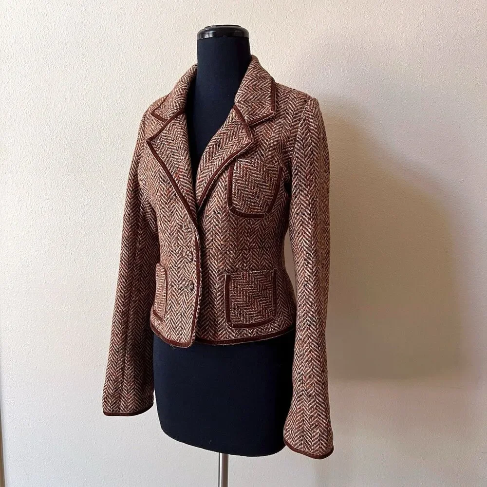 Vintage Abercrombie and Fitch Wool Herringbone Blazer M Velvet Trim Y2K Academia - Picture 5 of 11